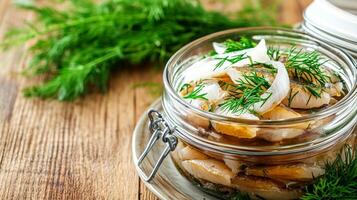 Canned herring served on a plate with fresh onions and dill, surrounded by a cozy, rustic atmosphere and natural light photo