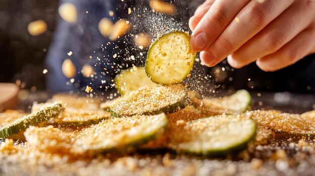del chef manos expertamente Saco pepinillo rebanadas en migas de pan, creando un vibrante, texturizado monitor de culinario Arte foto