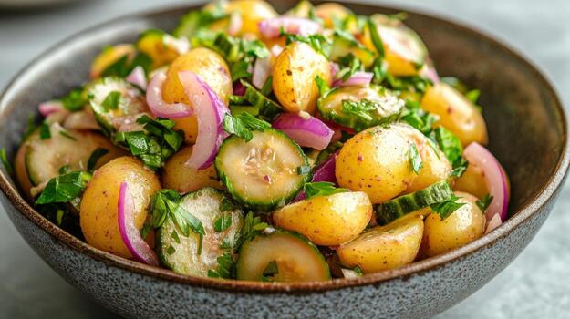 de cerca ver de un vibrante patata ensalada presentando en escabeche pepinos, rojo cebollas, y Fresco hierbas foto