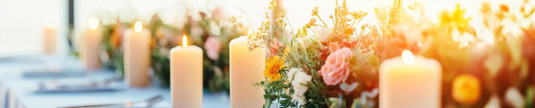 un largo mesa con flor silvestre ramos de flores, rústico decoración, y calentar luz de una vela conjuntos un encantador escena foto