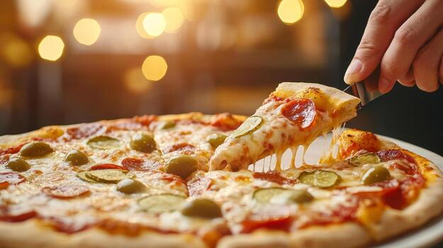 mano corte un rebanada de aromático Pizza coronado con pepinillos y aceitunas en un cálido, atractivo atmósfera foto