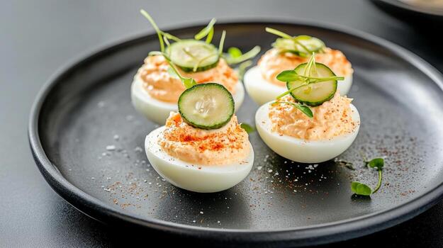 cremoso muy condimentado huevos coronado con en escabeche pepinos y pimenton servido en un pulcro negro plato foto