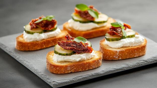 disfrutando Bruschetta con vibrante coberturas en un elegante comida configuración, enfoque en detallado un pan textura foto