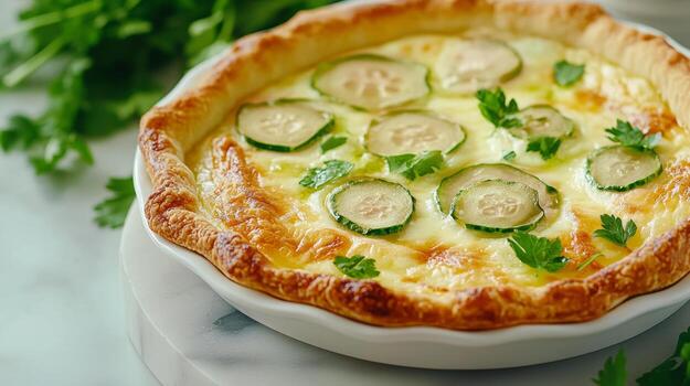 sabroso tarta caracteristicas en escabeche pepinos y queso con un dorado corteza, servido con Fresco hierbas en suave ligero foto