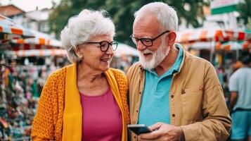 Elderly woman and her husband with smartphone browse local souvenirs in a bustling market photo