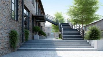 Converted factory features a stylish staircase and industrial brick walls, highlighting urban regeneration photo