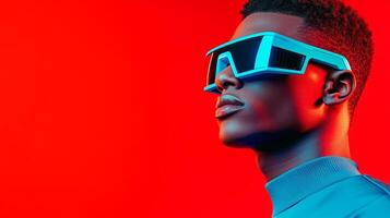 A man in blue glasses and minimalist clothes stands confidently in a vibrant red space, radiating energy and creativity photo