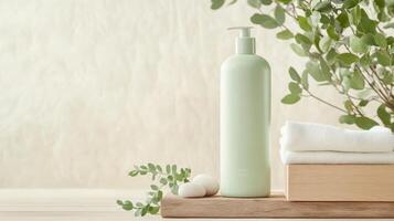 A recycled plastic bottle of organic shampoo showcases a minimalist design, surrounded by natural elements photo