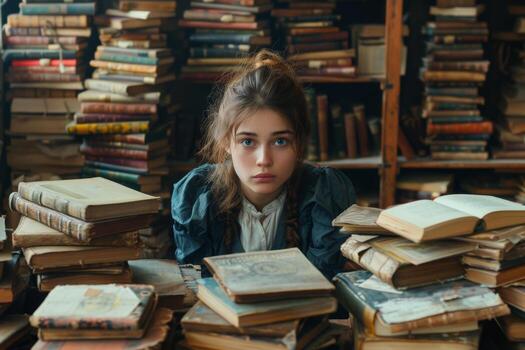 joven mujer sentado a un mesa con un lote de libros en eso y alrededor eso foto
