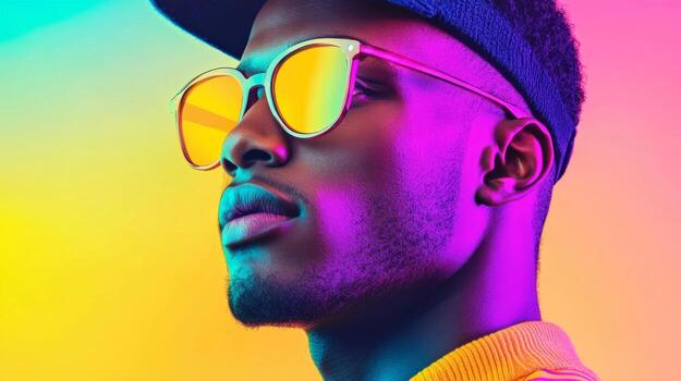 un hombre en un cyberpunk estilo brilla en vibrante amarillo y púrpura tonos, creando un dinámica ambiente foto