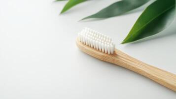 Eco-friendly bamboo toothbrush displayed on white, emphasizing its design and sustainability, Earth Day concept photo