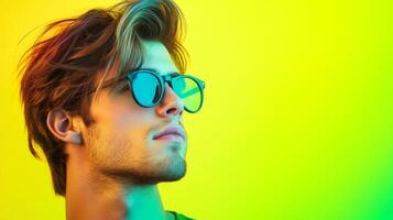 A man poses with a unique hairstyle and sunglasses, highlighted by vibrant neon colors in a contemporary studio setting photo