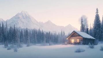 Warm light glows from a cabin in a snowy forest, surrounded by mountains and soft evening hues photo