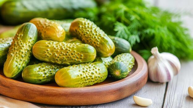 todo en escabeche pepinos brillar en amarillo oliva salmuera, rodeado por eneldo y ajo en un rústico mesa foto