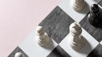A clean overhead view of a chessboard with few pieces, evoking nostalgia and a sense of calm play photo