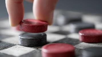 Hand captures a red checker piece during a strategic game on a vintage board photo