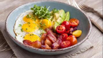 Brightly arranged keto breakfast bowl features eggs, bacon, avocado, and cherry tomatoes in natural light photo