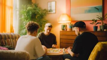 Group of friends engages in a friendly dice game in a warm, vintage-style living room setting photo