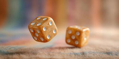 Aged dice tumble across a soft wool blanket, capturing a warm atmosphere filled with nostalgia photo