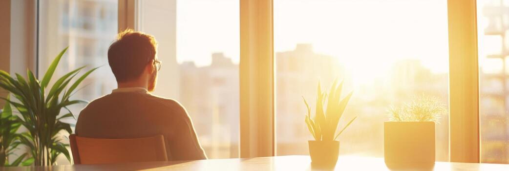 un persona relaja por un grande ventana, abrazando un lento Mañana lleno de tranquilidad y suave, cinematográfico ligero foto