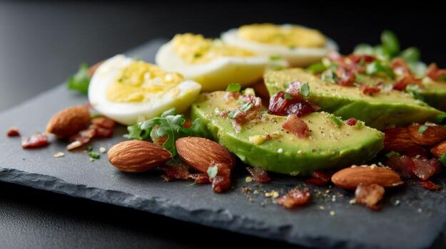 rebanado aguacate emparejado con huevos, crujiente tocino, y Almendras arreglado en un pizarra plato en suave Encendiendo foto
