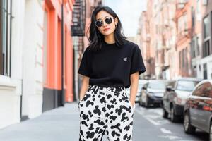 An Asian woman in cow print pants and sneakers enjoys a sunny day while posing on a vibrant city street photo