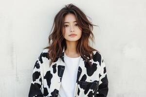 A young Asian woman models a trendy cow print jacket with jeans in a relaxed, light-colored setting photo