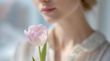 A woman holds a pink tulip by a sunny window, evoking feelings of tenderness and springtime renewal photo