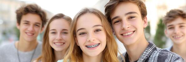 Group of teens enjoying a sunny day, showcasing colorful metal braces and casual styles with bright smiles photo