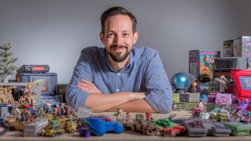Adult man smiles while surrounded by colorful toys and retro gaming items, embracing playful nostalgia, kidults concept photo