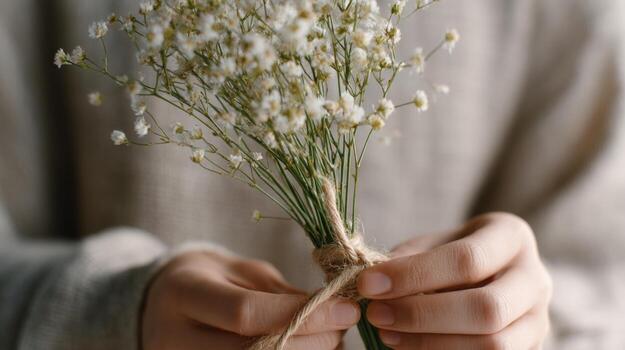 manos son atadura un ramo de flores con enroscarse, exhibiendo un licitación, rústico estético en amable natural ligero foto