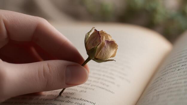 A hand gently places a dried rose within book pages on a vintage table, capturing sentiment and warmth photo