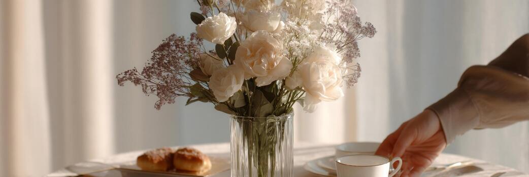 delicado manos organizar un Fresco flor ramo de flores en un bien puesto desayuno mesa, iluminado por suave ligero foto