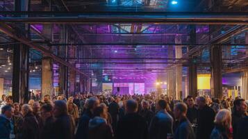 Attendees engage in a lively cultural event in a transformed industrial space filled with color photo