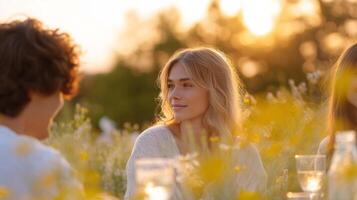 Young adults enjoy a mindful picnic during golden hour, sipping lemonade and embracing slow living photo