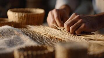 A craftsman skillfully weaves raffia into unique accessories amidst warm light and earthy tones photo