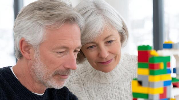 Pareja se enfoca atentamente en edificio un vistoso juguete bloques estructura juntos en su espacioso departamento, niños concepto foto
