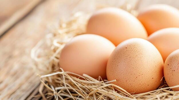 de cerca de recién puesto huevos en un Paja nido, destacando detalles y calentar tonos foto