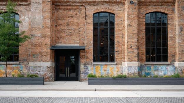 cultural lugar de eventos vitrinas Publicación industrial arquitectura con murales debajo alto fábrica ventanas en apagado tonos foto