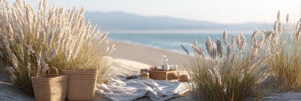 Picnic setup on the beach at golden hour surrounded by raffia bags and coastal plants for a vacation feel photo