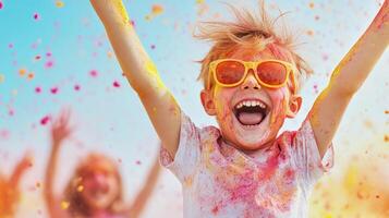 Children are dancing and playing at the Holi festival, covered in bright colors and enjoying spring photo
