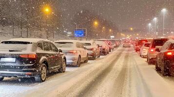 Cars are stuck in a long traffic jam on the highway due to heavy snowfall, making driving conditions tough photo