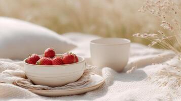 Cozy picnic arrangement on dry grass featuring reusable utensils and strawberries in a ceramic bowl photo