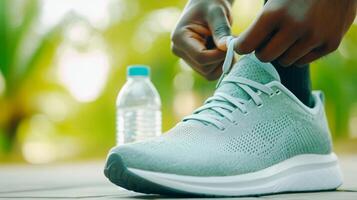 Runner ties sneakers, ready for a workout in a vibrant park's supportive atmosphere photo