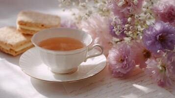 Citrus earl grey tea, pastries, and flowers create a cozy afternoon tea atmosphere photo