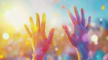 Hands covered in bright gulal paint reach for the sky, celebrating Holi among a joyful crowd photo