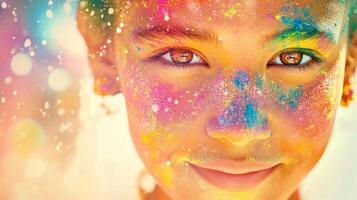 Joyful girl adorned in colorful gulal powder radiates happiness amid Holi festivities with warm light photo