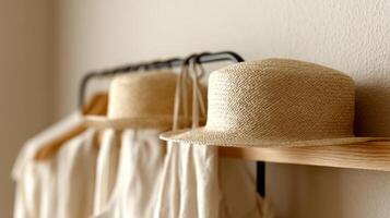 Collection of linen dresses and raffia hats arranged neatly, creating a minimalistic and warm atmosphere photo
