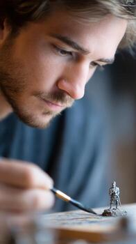 hombre disfruta un relajante pasatiempo, hábilmente pintura miniaturas con preciso pincelada y profundo concentración, niños concepto foto