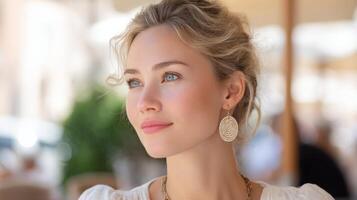 Model relaxes at a sunny cafe terrace, showcasing eco-friendly accessories and breezy summer style photo